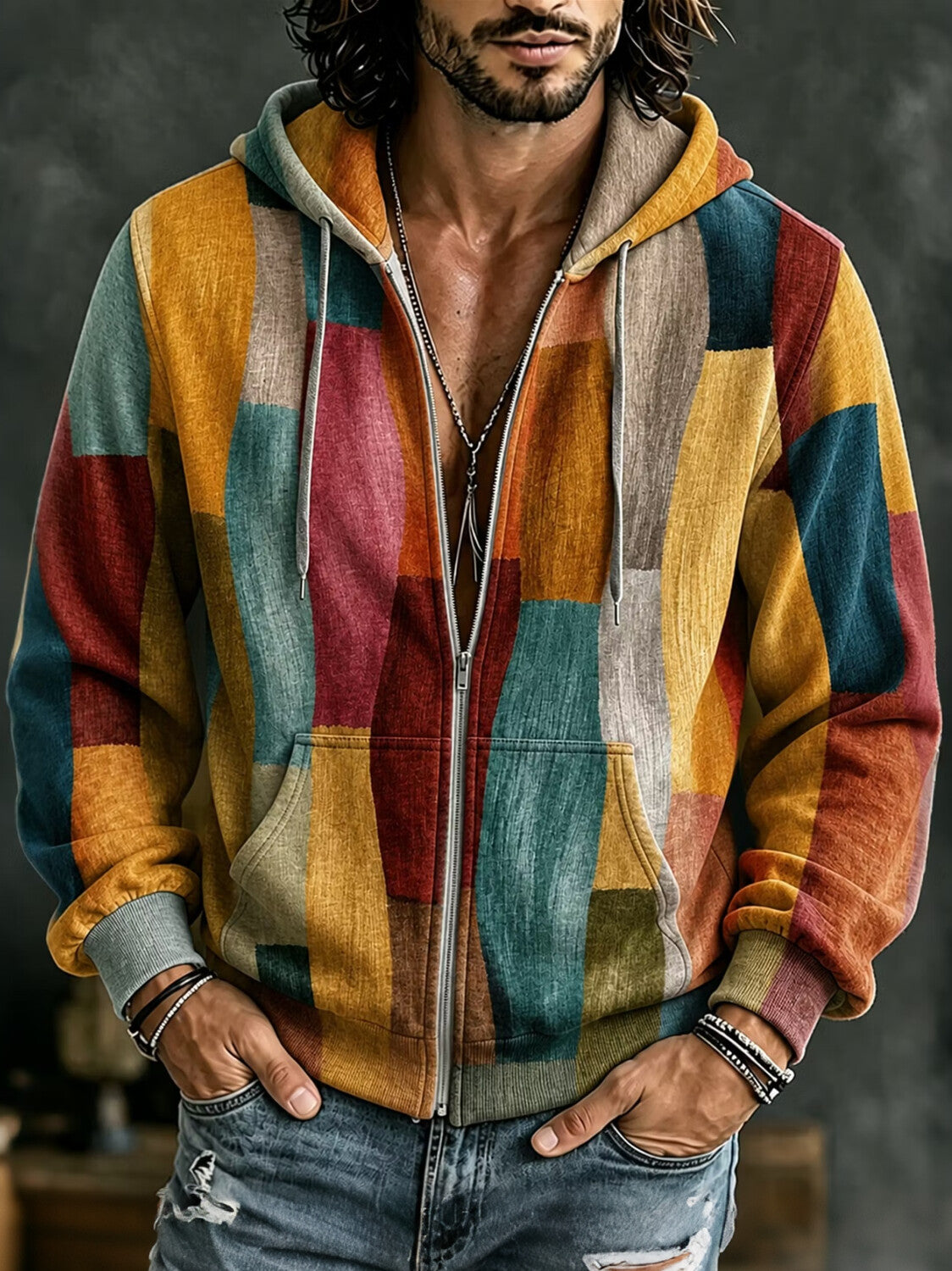 Men's Color Block Patchwork Print Zip-Up Hoodie