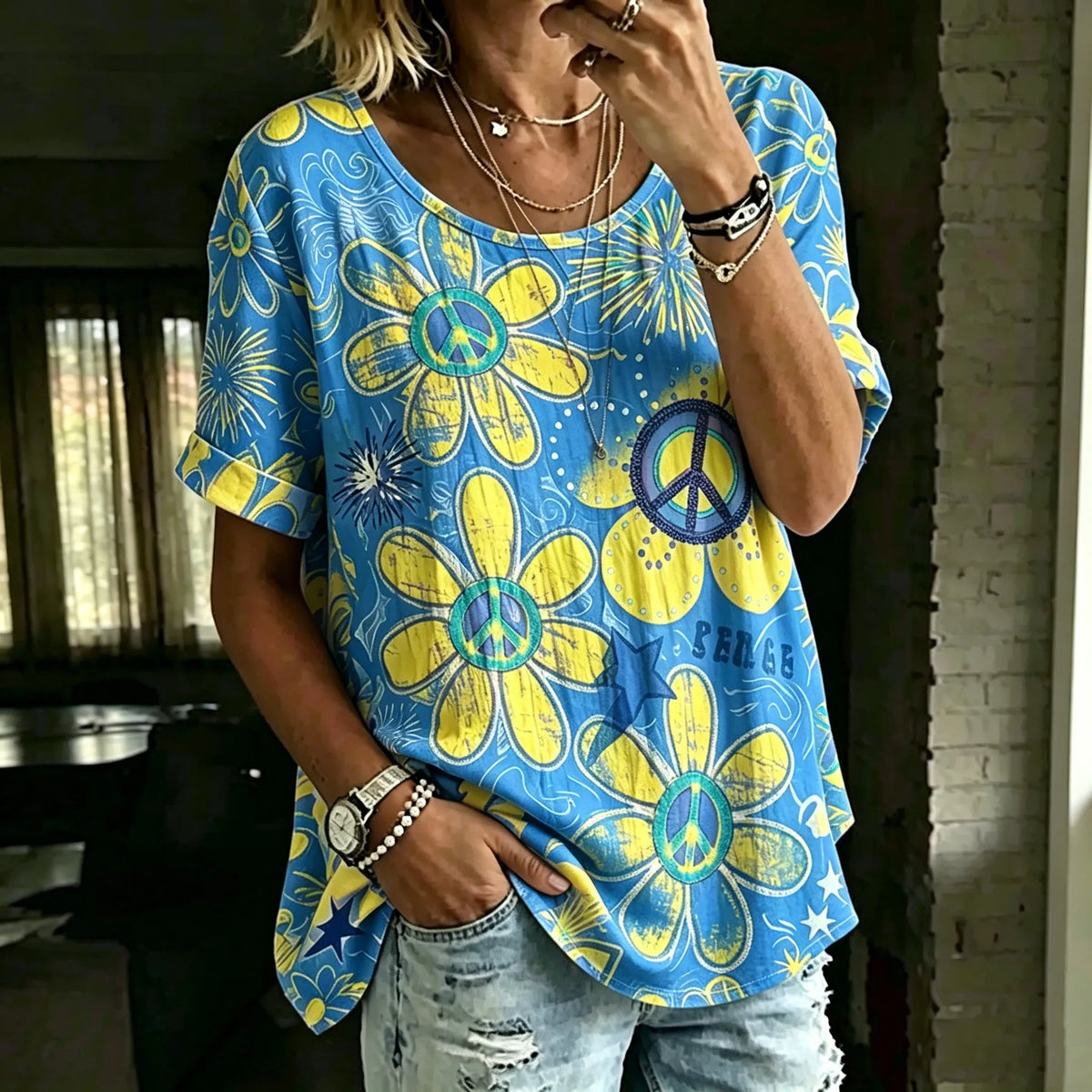 Women's Retro Bohemian Floral And Hippie Print Top