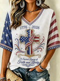 Women's Independence Day Faith Flag Print V Neck Linen Blend T-shirt