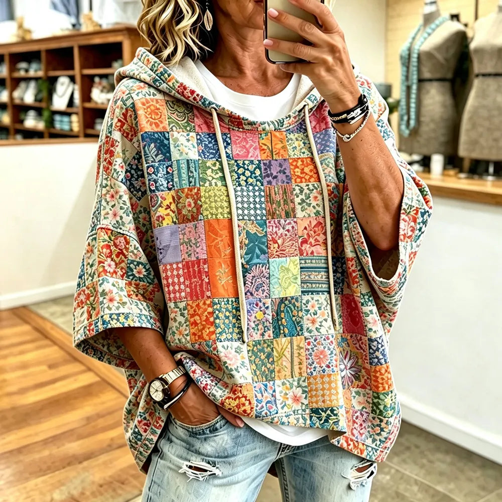Women's Boho Casual Hooded Sweatshirt - Colorful Floral Patchwork Print Pullover Top