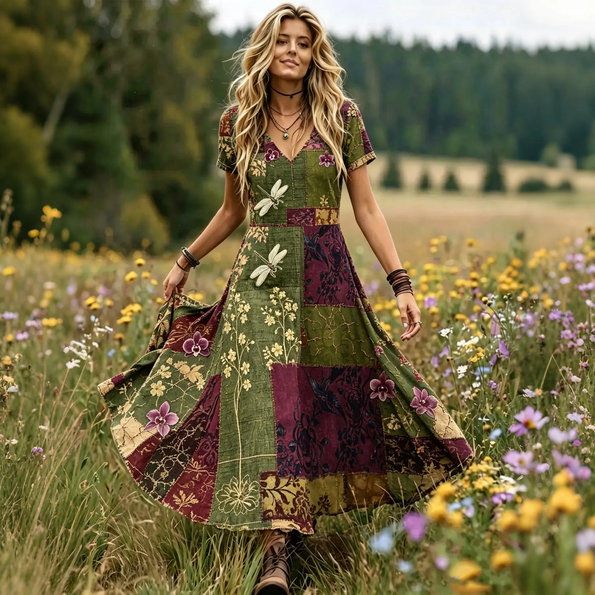 Women's Retro Resort Floral Dragonfly Color Block Print V-neck Short Sleeve Dress