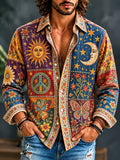 Men's Hippie Cosmic Elements Peace Sign Butterfly Floral Print Long Sleeve Shirt