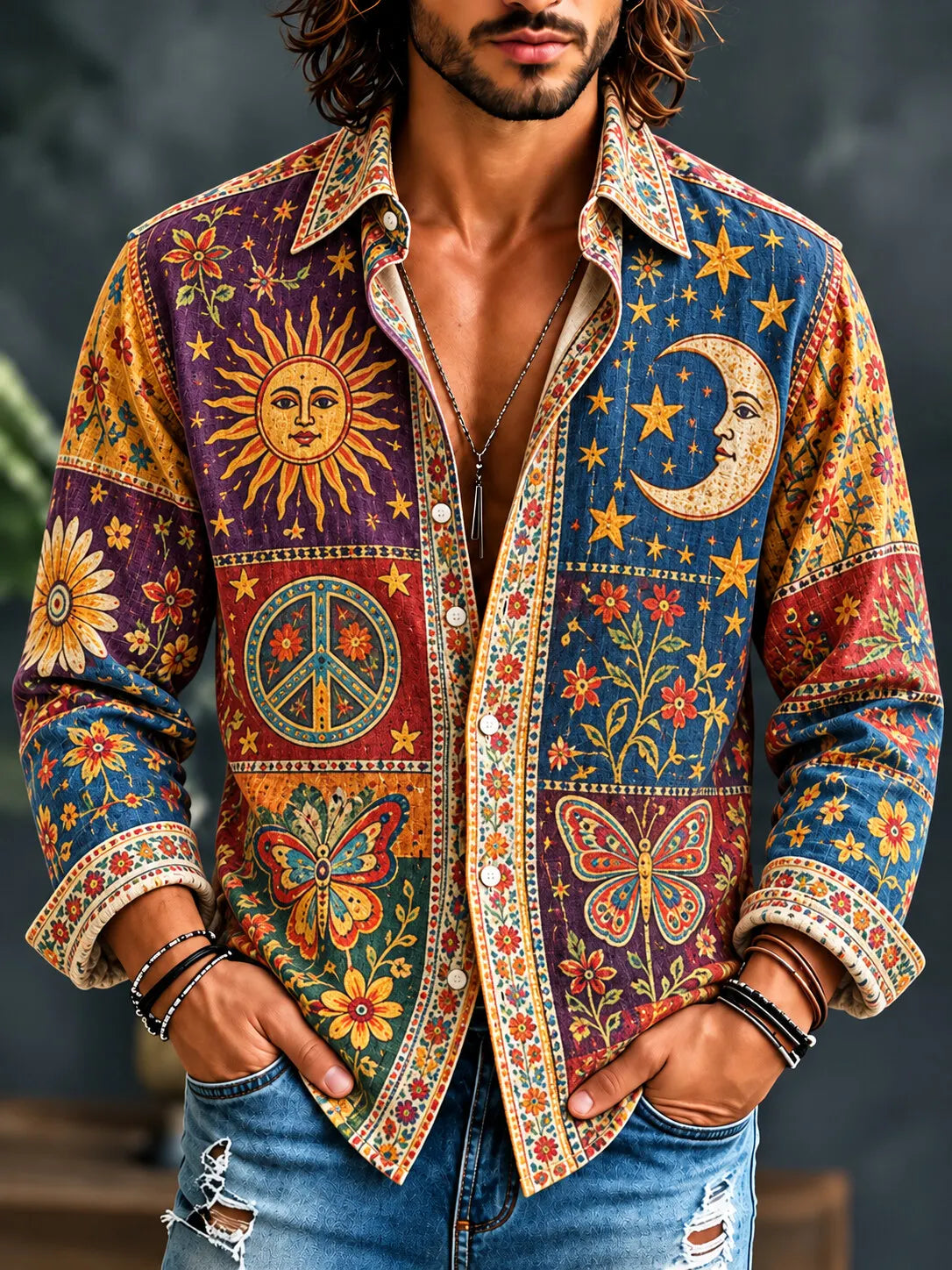 Men's Hippie Cosmic Elements Peace Sign Butterfly Floral Print Long Sleeve Shirt
