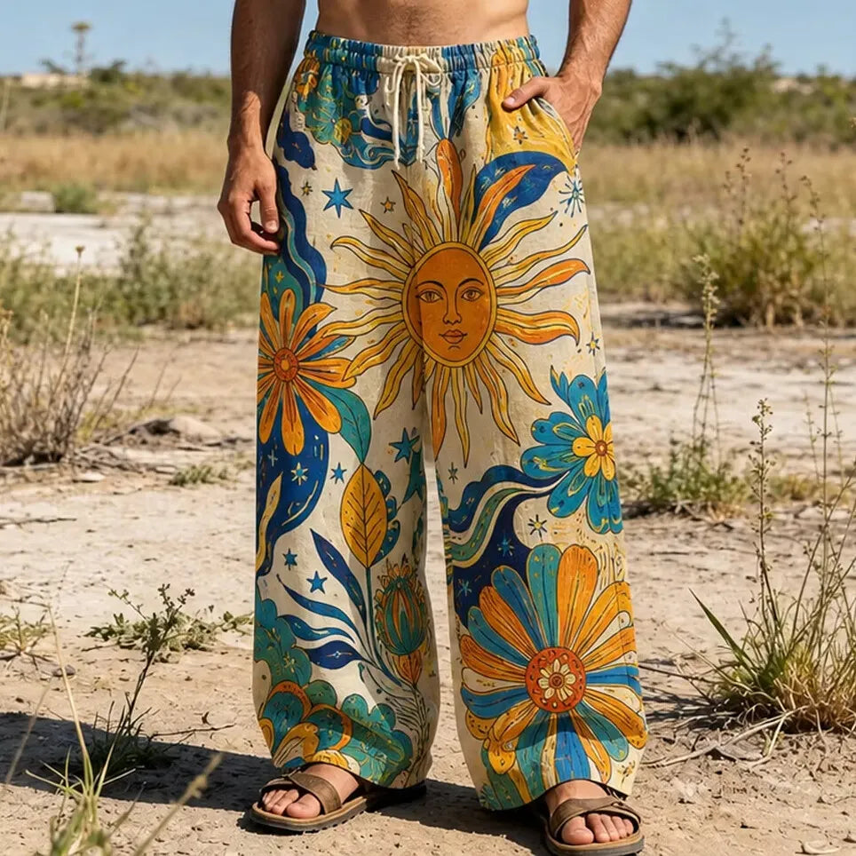 Men's Anthropomorphic Sun Face Large Wildflowers Twisting Clouds Print Casual Pants