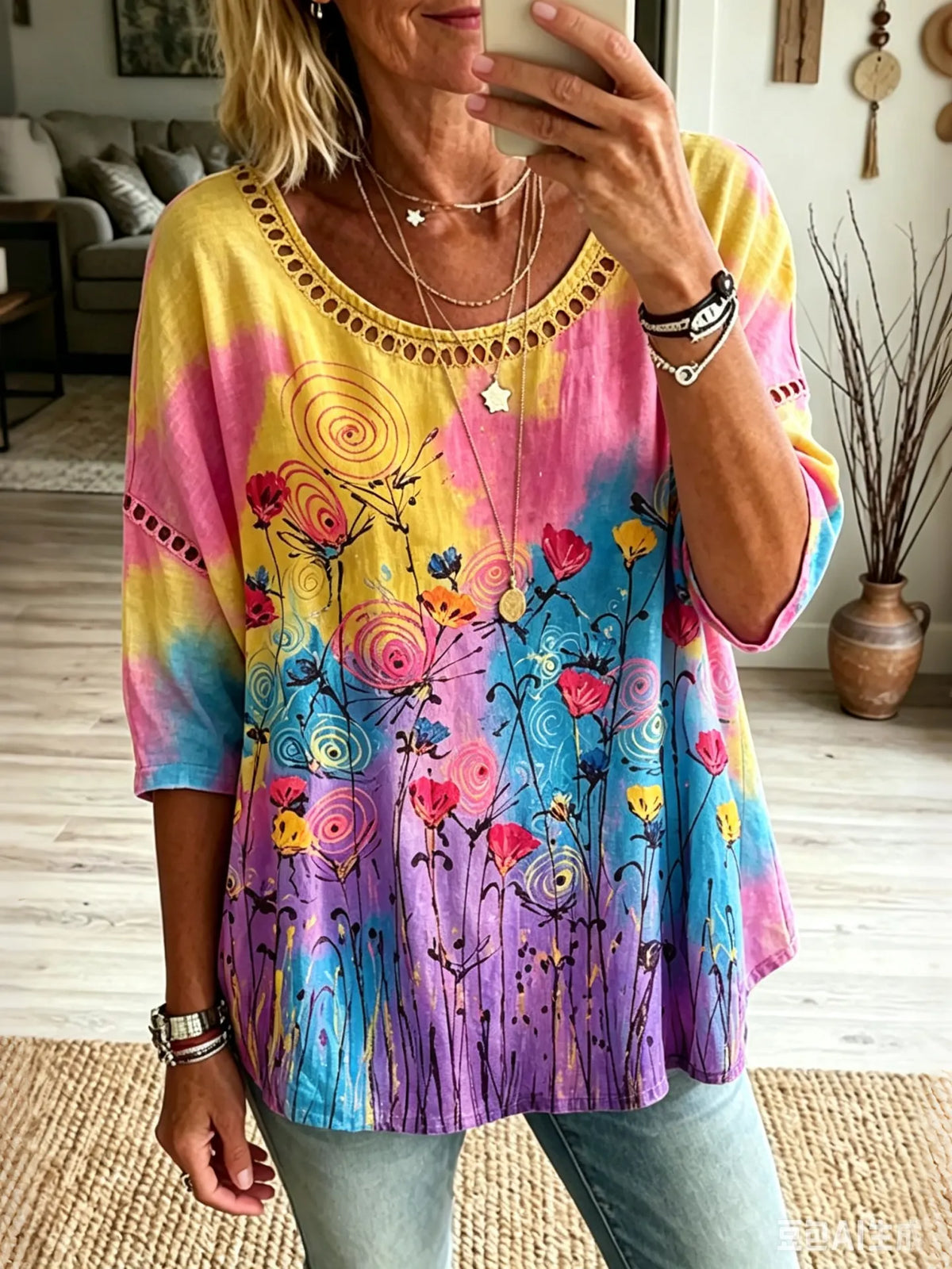 Women's Retro Floral Hippie Vibes Art Print Flowy Linen Blend  Linen Tops