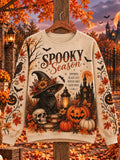 Women's  Halloween Spooky Season Black Cat & Pumpkin Print Sweatshirt