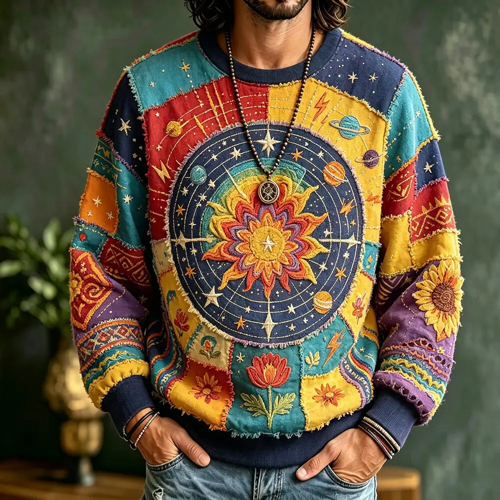 Men's Cosmic Zodiac Flower Print Crew Neck Sweatshirt