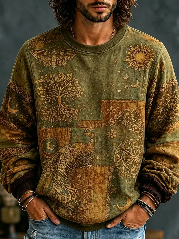 Men's Mystical Hippie Style Peacock Sun And Moon Art Print Casual Sweatshirt