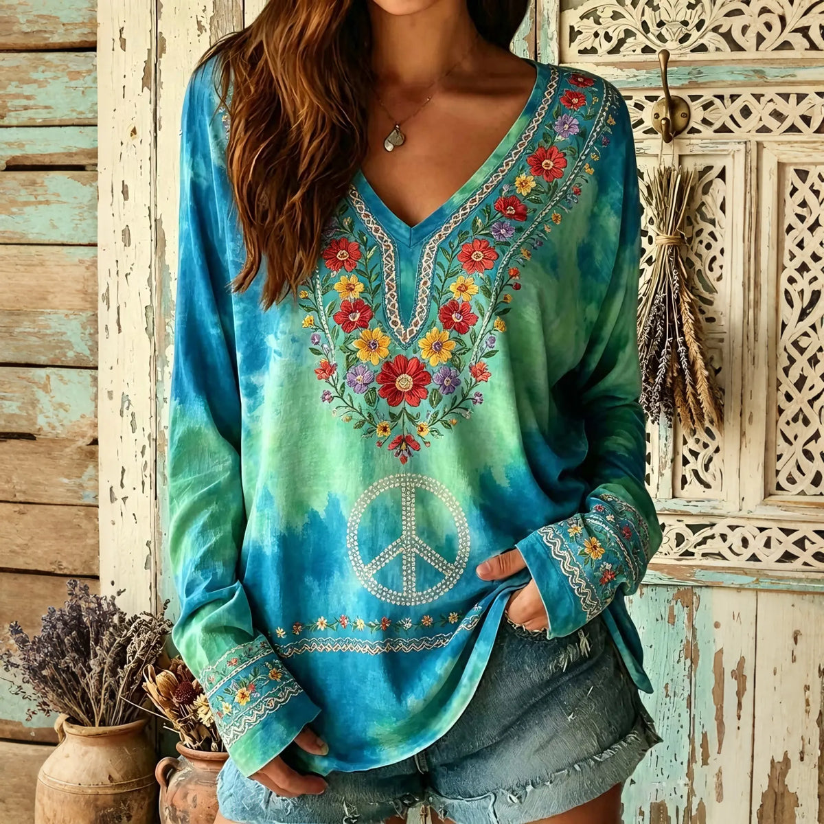 Women's Retro Hippie Floral Design V-neck T-shirt