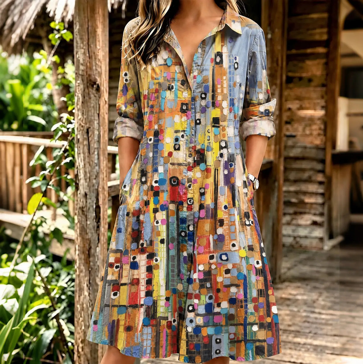 Women's Retro Abstract Geometric Art Print Long Sleeve Midi Shirt Dress