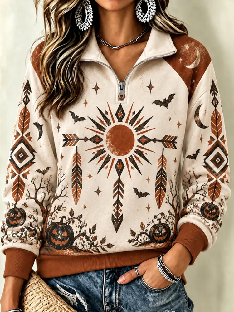 Women's Halloween Pumpkin Ethnic Totem Print Half-zip Hoodie