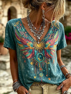 Hippie Washed Teal Colorful Phoenix Wing Sun Moon Embroidery Star Casual Top For Women