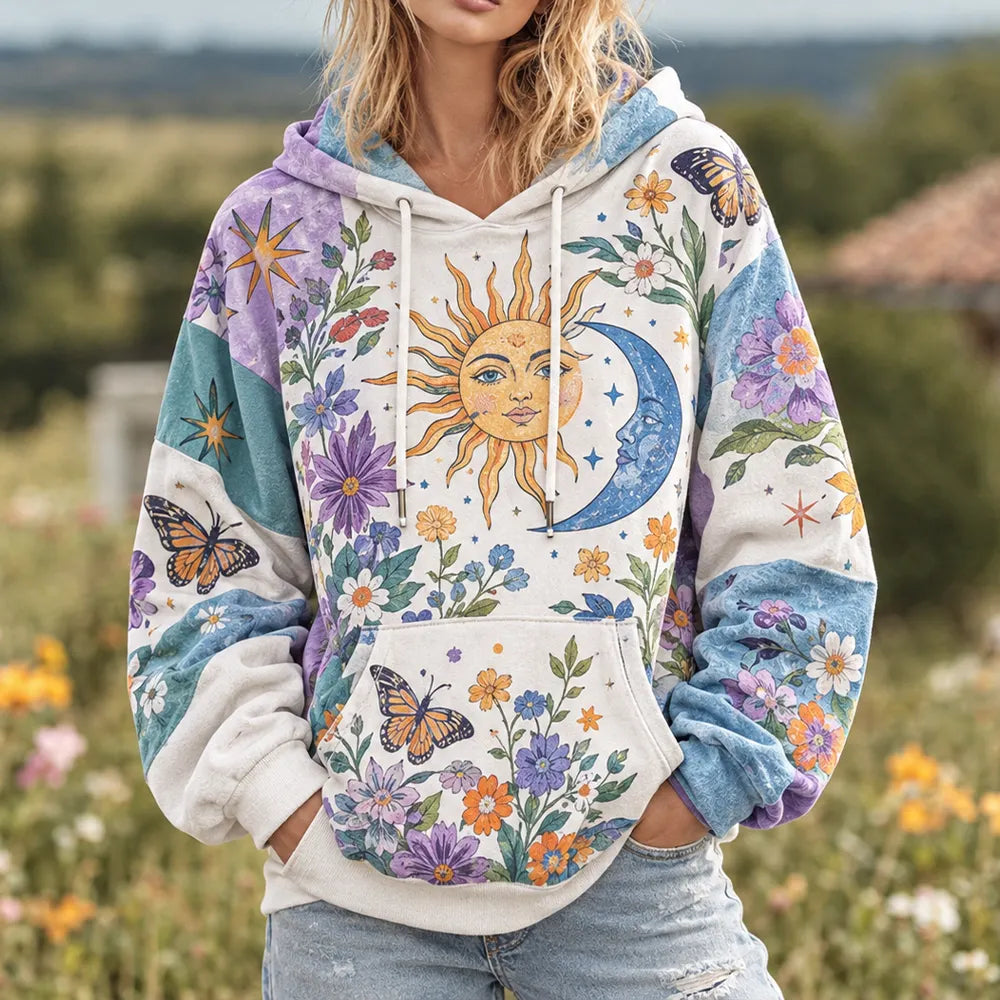 Women's Patchwork Sun, Moon, Star, Butterfly & Floral Print Hoodie