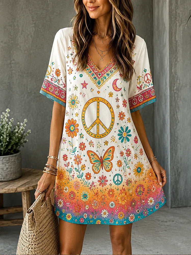 Women's Short Sleeve V-neck Casual Shift Dress In Off-white With Boho Peace Sign, Butterfly, And Gradient Floral Hem Print
