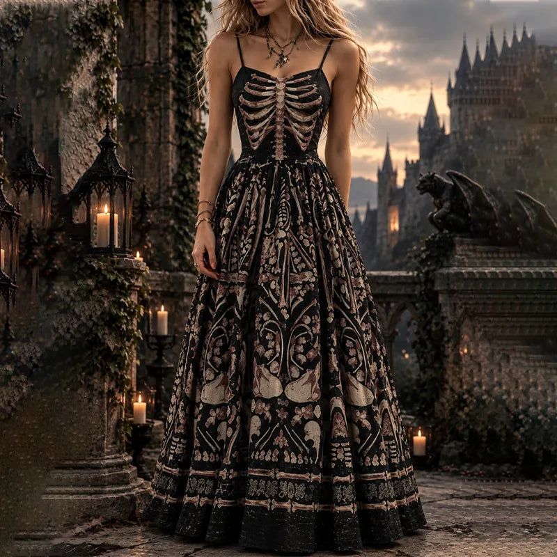 Girl's Halloween Skeleton Pattern Gothic Style Dress