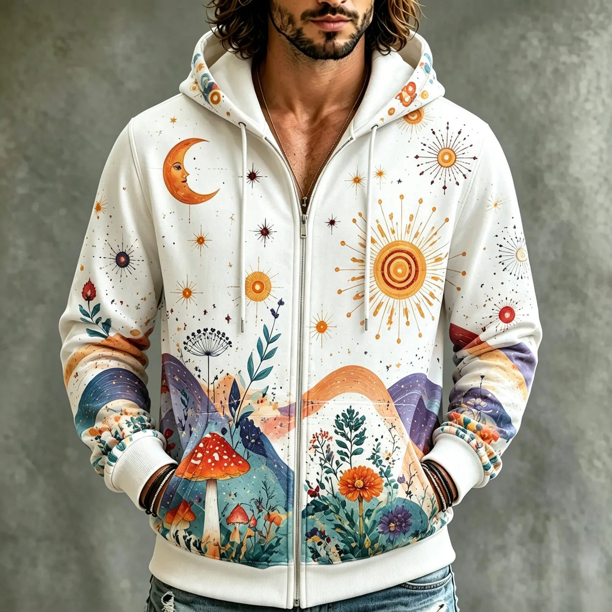 Men's Fantasy Art Sun Moon Mushroom Forest Print Zip-Up Hoodie