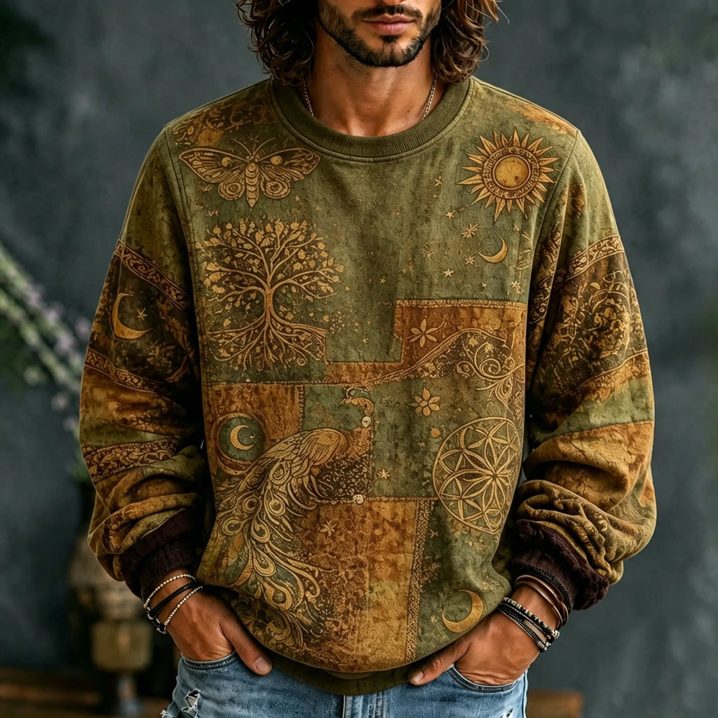 Men's Mystical Hippie Style Peacock Sun And Moon Art Print Casual Sweatshirt