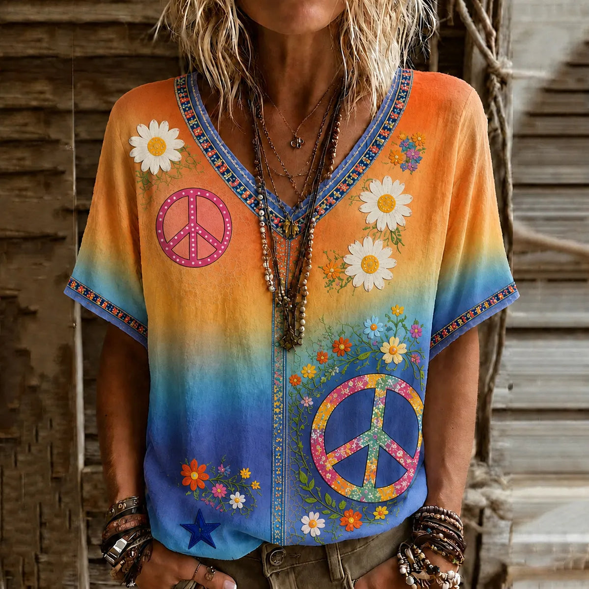 Women's Vintage Hippie Floral Patchwork Art Linen Blend Short Sleeve Tops