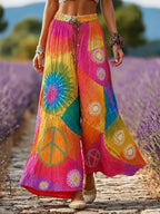 Women's Hippie Peace Sign Flowers Tie Dye Patchwork Print Linen Blend Pants