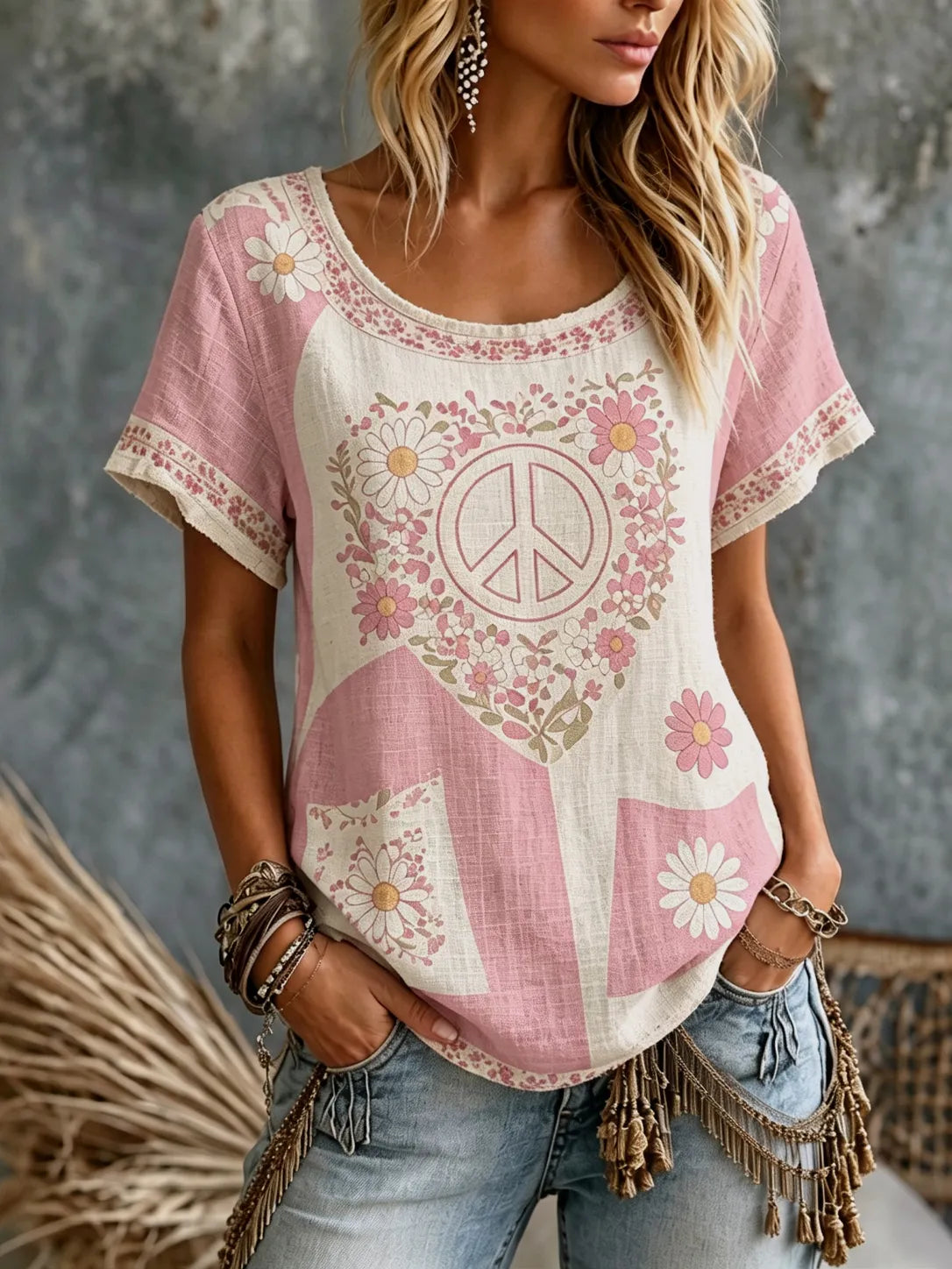 Women's Floral Peace Art Printing Casual Short Sleeve T-shirt