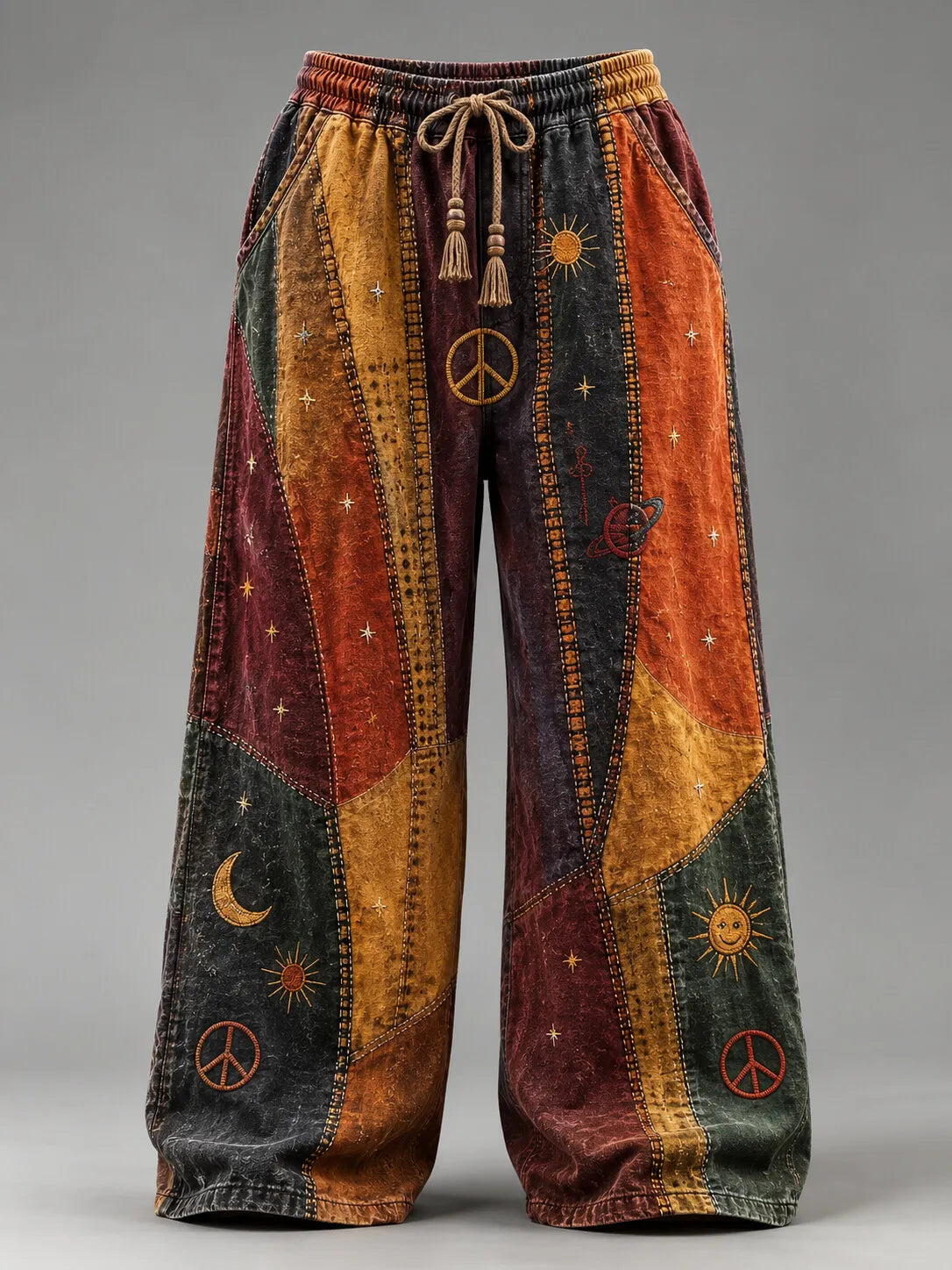 Men's Hippie Diagonal Spliced Peace Sign Sun Moon Planet Star Print Pants