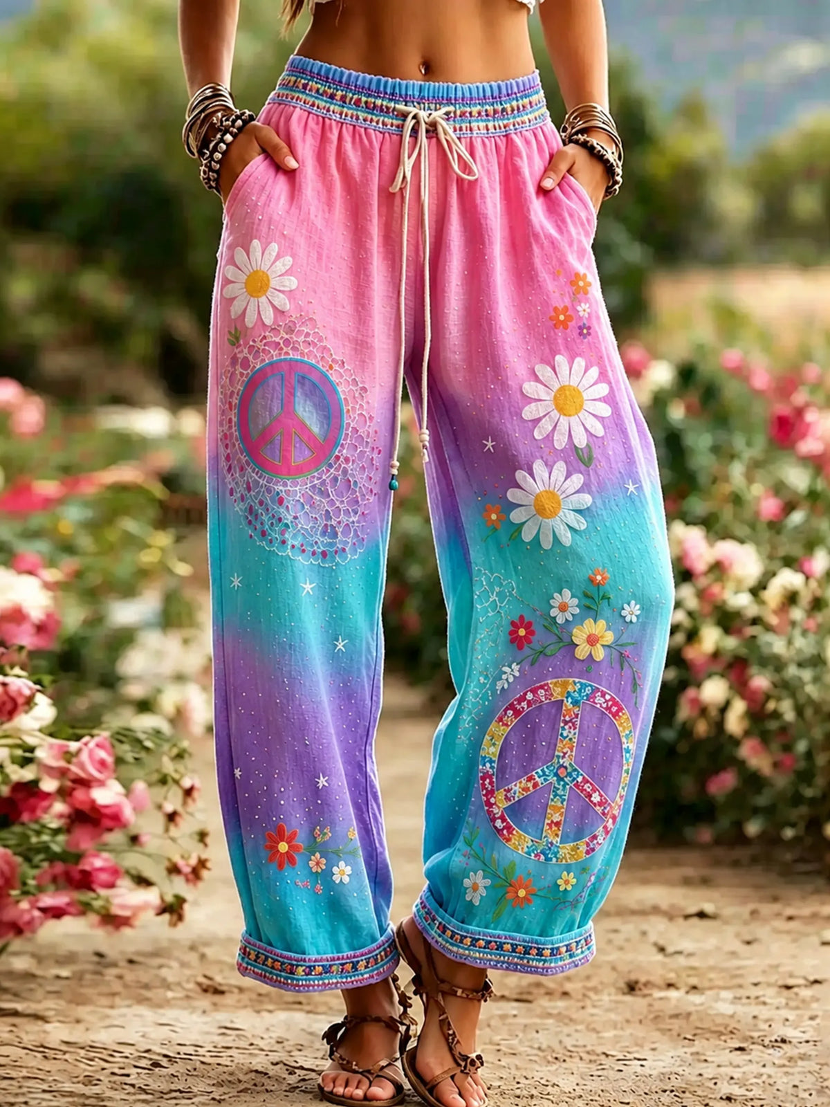 Women's Hippie Vintage Hippie Floral Art Linen Casual Pants