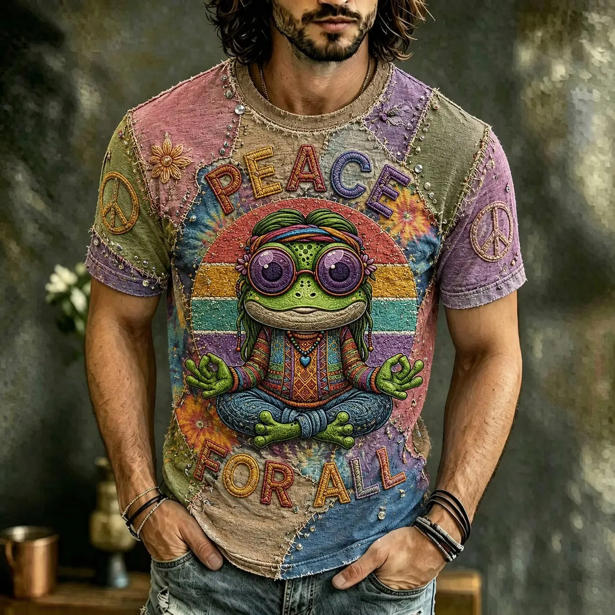 Men's Meditating Frog Rainbow Peace Sign Print Crew Neck Short Sleeve T-Shirt