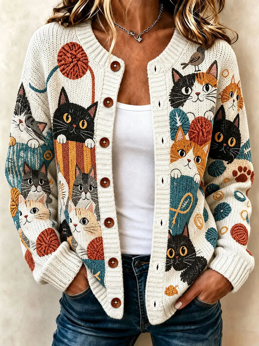 Women's Vacation Retro Colorful Cat Print Crew Neck Cardigan