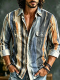 Men's Retro Vertical Striped Print Double Pockets Long Sleeve Shirt