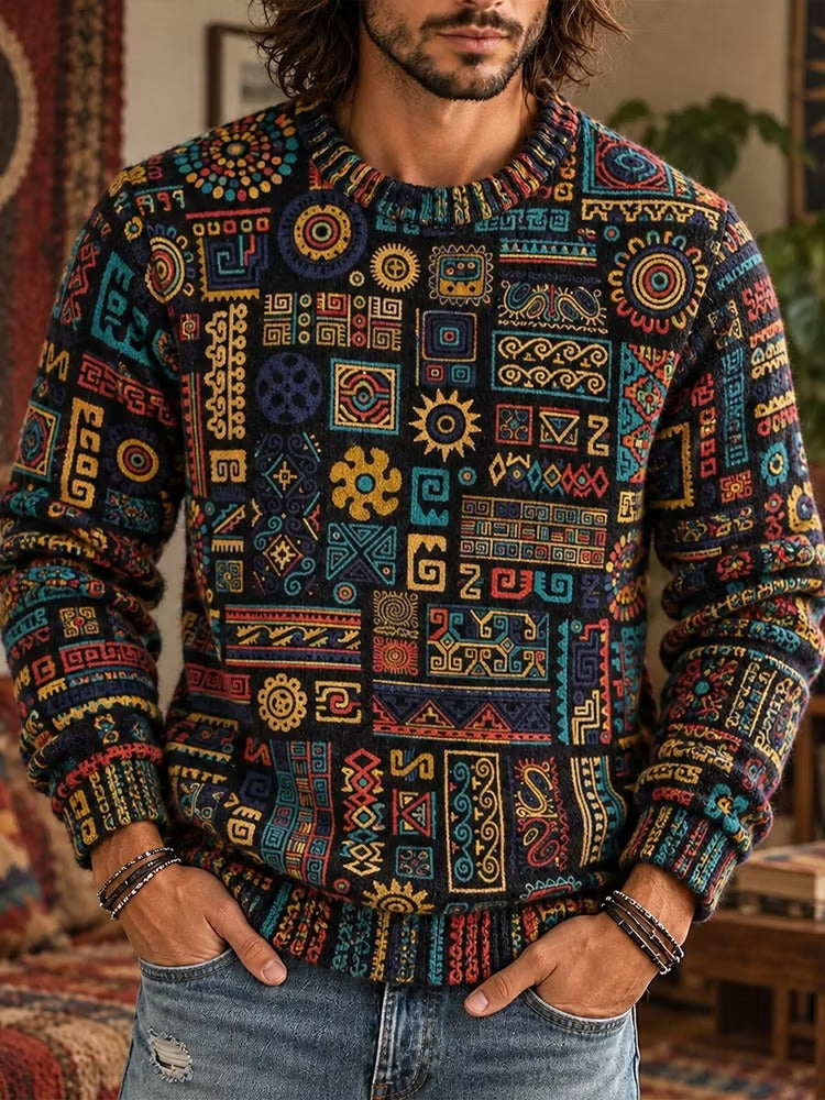 Men's Bohemian Tribal Art Print Round Neck Sweater