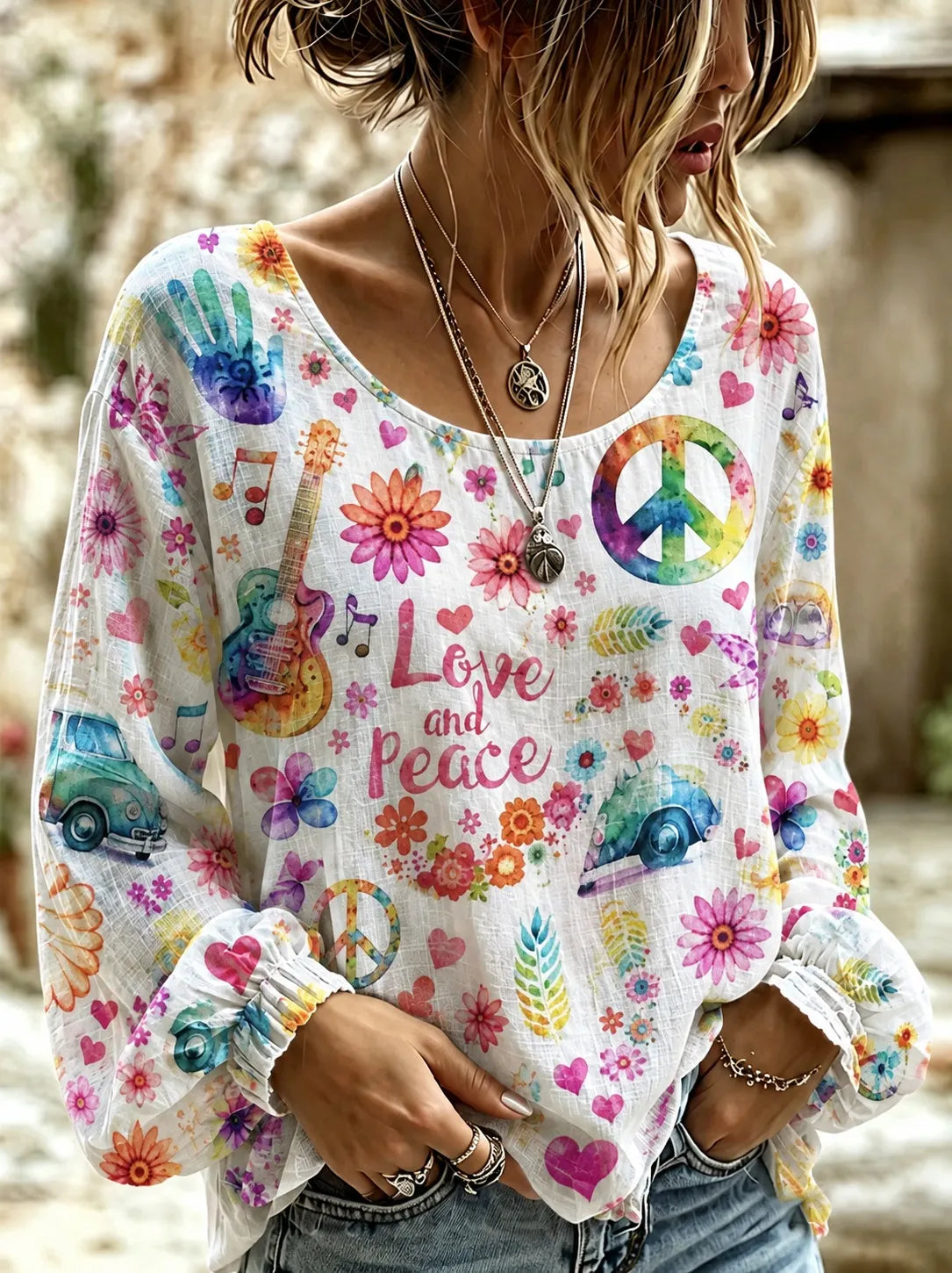 Girl's Hippie Bohemian Peace Sign Guitar Pattern Long-sleeve Top