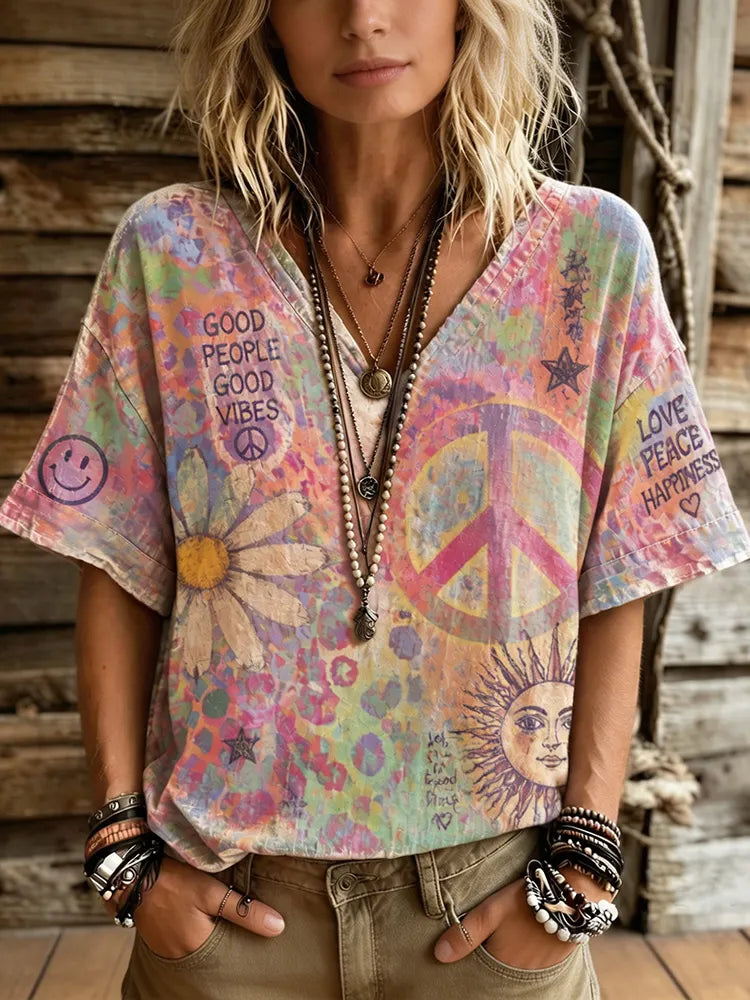 Retro-chic Y2k Hippie Peace Symbol Daisy And Sun Pattern V-neck Women's T-shirt