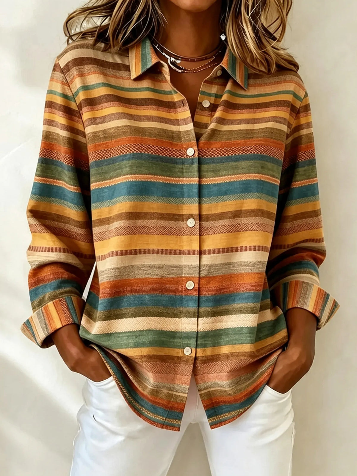 Women's Vintage Colorful Striped Print Casual Long-sleeved Shirt