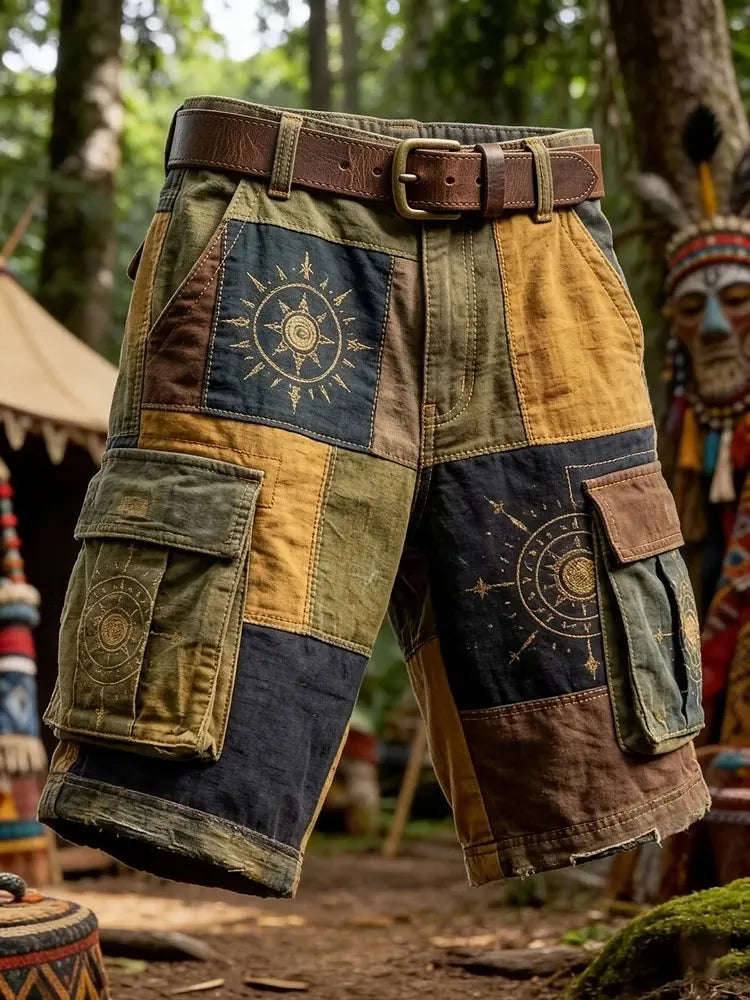Men's Hippie Golden Sun Compass Motifs Colorblock Print Cargo Shorts