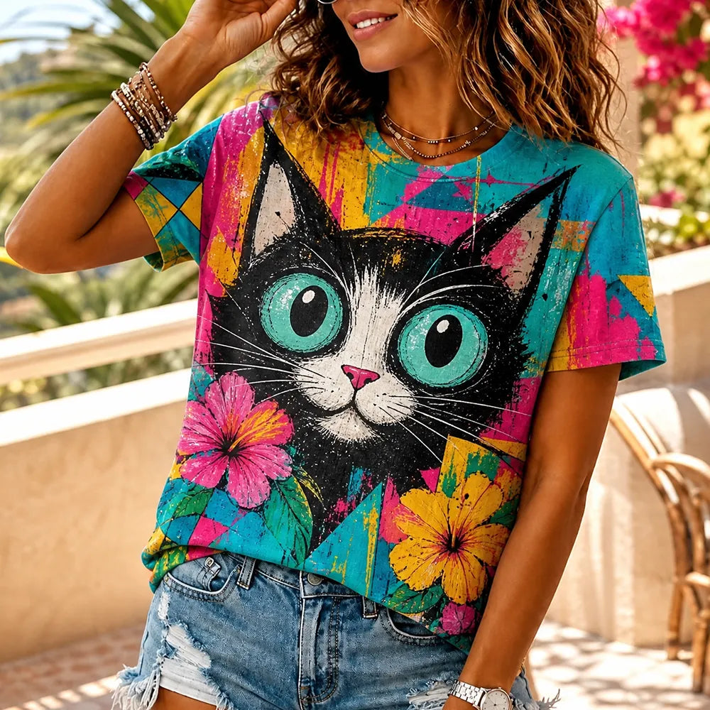 Women's Colorful Abstract Black Cat And Floral Print Short Sleeve Tee