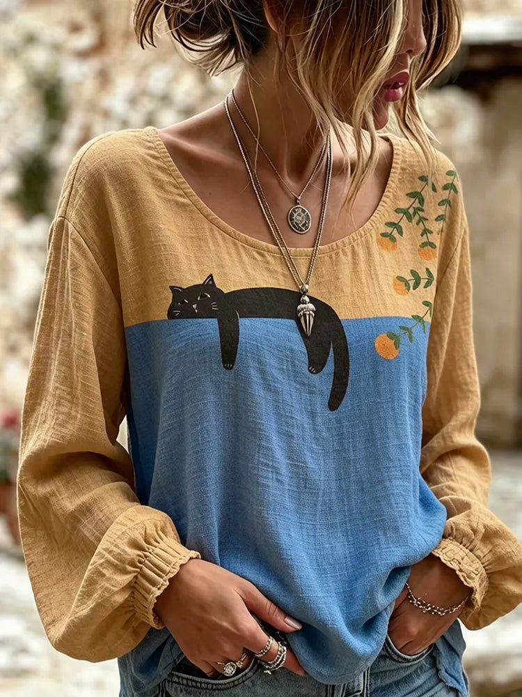 Women's Vintage  Cute Lazy Cat  Art Printed Linen Blend Round Neck Long Sleeve Tops