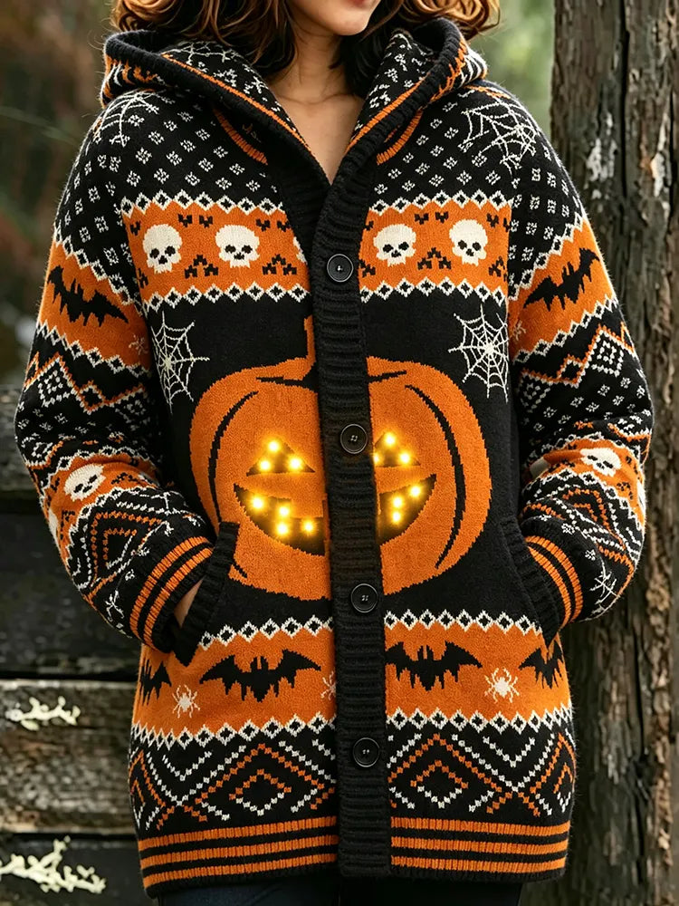 Women's Halloween Bat Pumpkin Skull Print Hooded Cardigan Sweater
