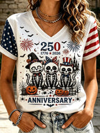 Women's V-neck Short Sleeve T-shirt Featuring 250th Anniversary Patriotic Skeleton Cats And Fireworks