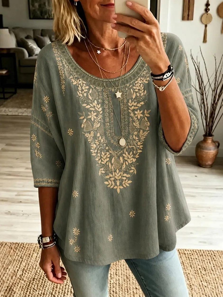 Women's Retro Ethnic Floral Art Print Crew Neck Linen Blend T-shirt