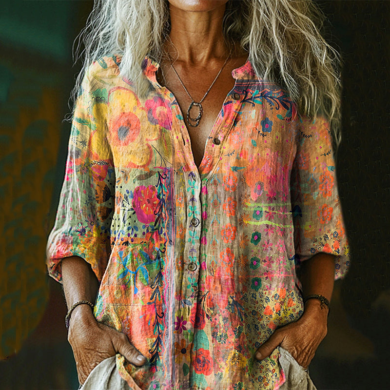 Women's Vintage Watercolor Flower Collage Art Print Casual And Linen Shirt