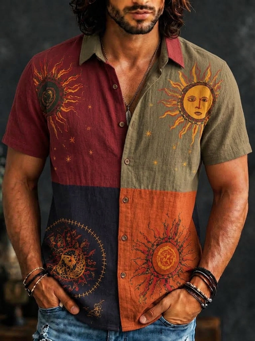 Men's Hippie Anthropomorphic Sun Face Four Color Block Print Short Sleeve Buttons Shirt