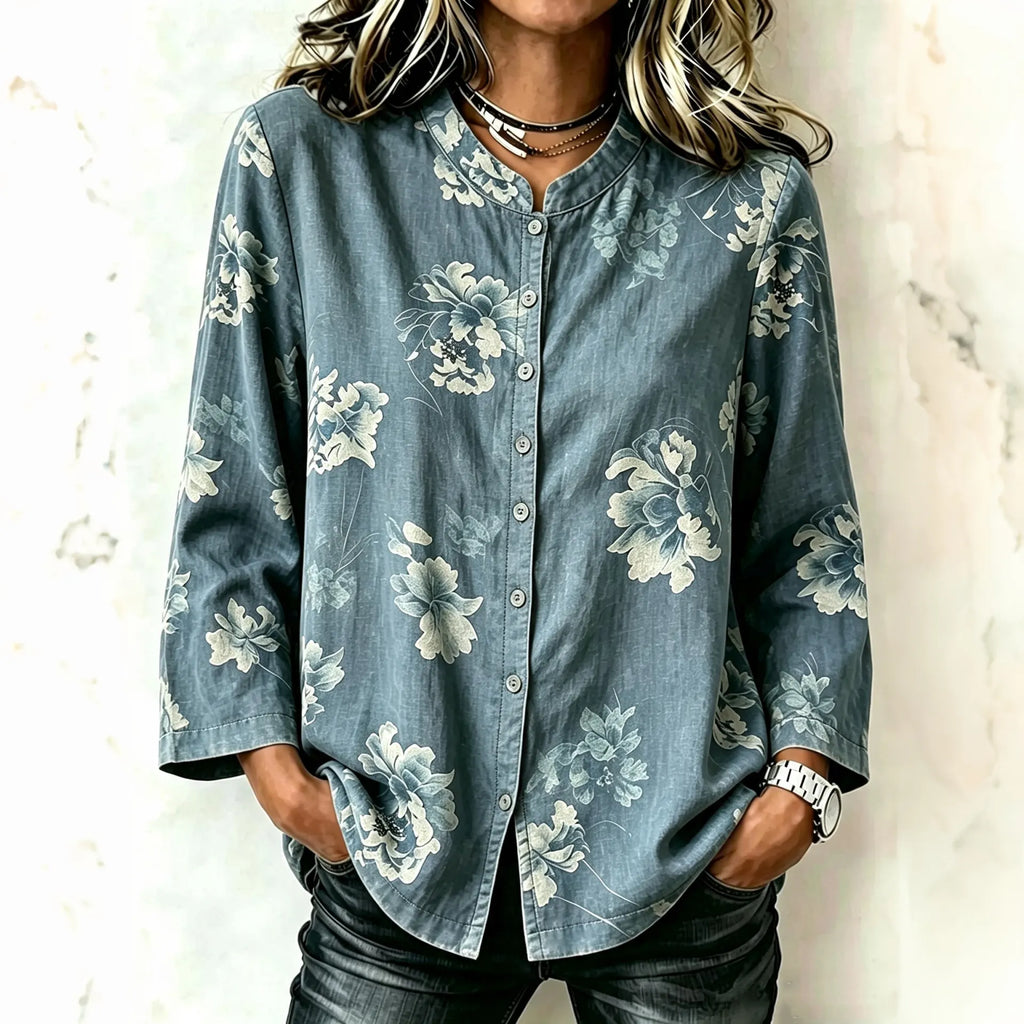 Women's Retro Floral Print Stand Collar Long Sleeve Shirt