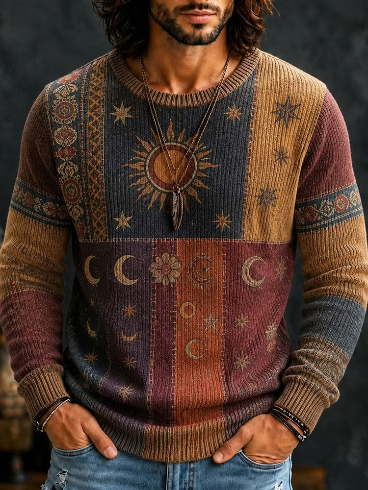 Men's Earthy Tone Vertical Panel Celestial Flower Print Round Neck Sweater