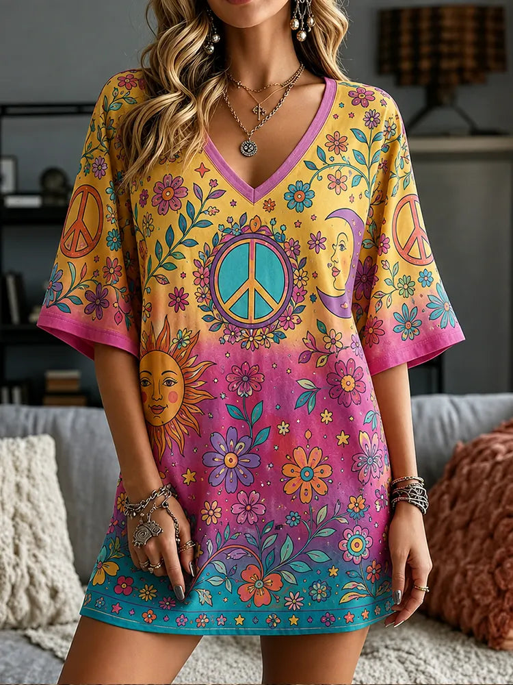 Women's Short Sleeve V-neck Casual T-shirt Dress With Vintage Sun, Moon, Peace Sign, And Floral Tie-dye Gradient Print