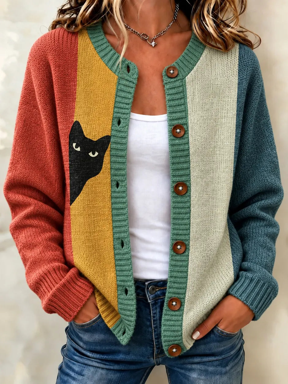 Women's Playful Black Cat Colorblock Design Relaxed Fit Button Front Knit Cardigan Sweater