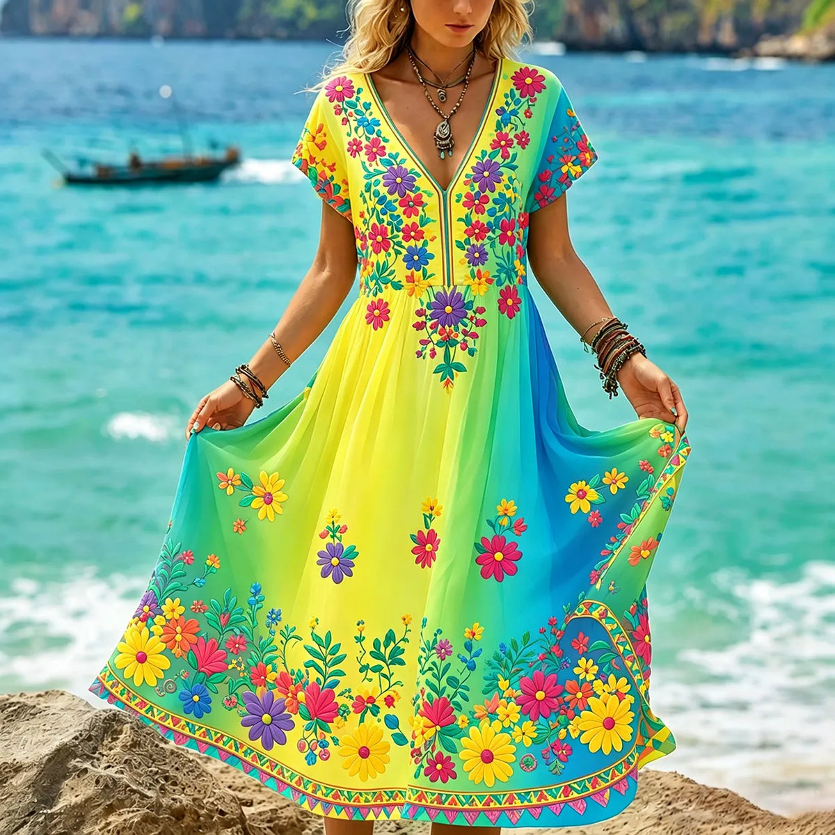 Women's Retro Hippie Style Floral Print Linen V-neck Short Sleeve Long Dress
