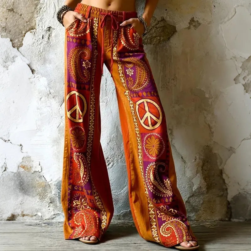 Women's Retro Hippie Sun And Moon Floral Color Block Trousers