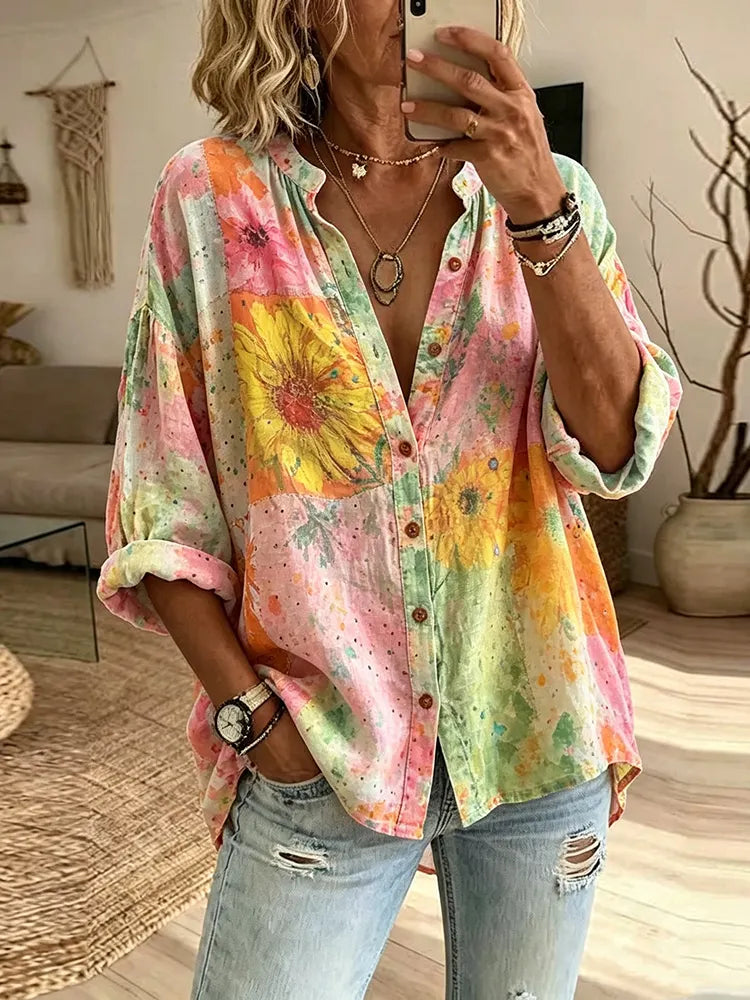 Women's Retro Bohemian Floral Art Long-sleeved Shirt