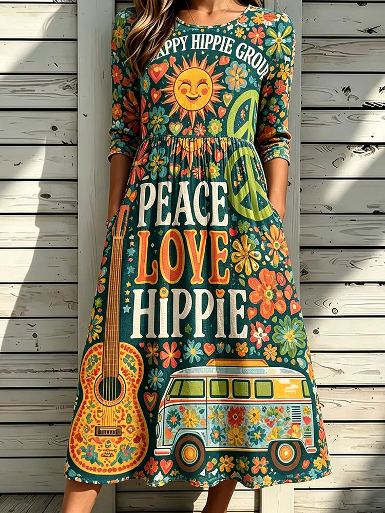 Women's Retro Hippie Midi Dress - "peace Love Hippie" Typography, Smiling Sun, Acoustic Guitar And Vintage Camper Van Print Dress