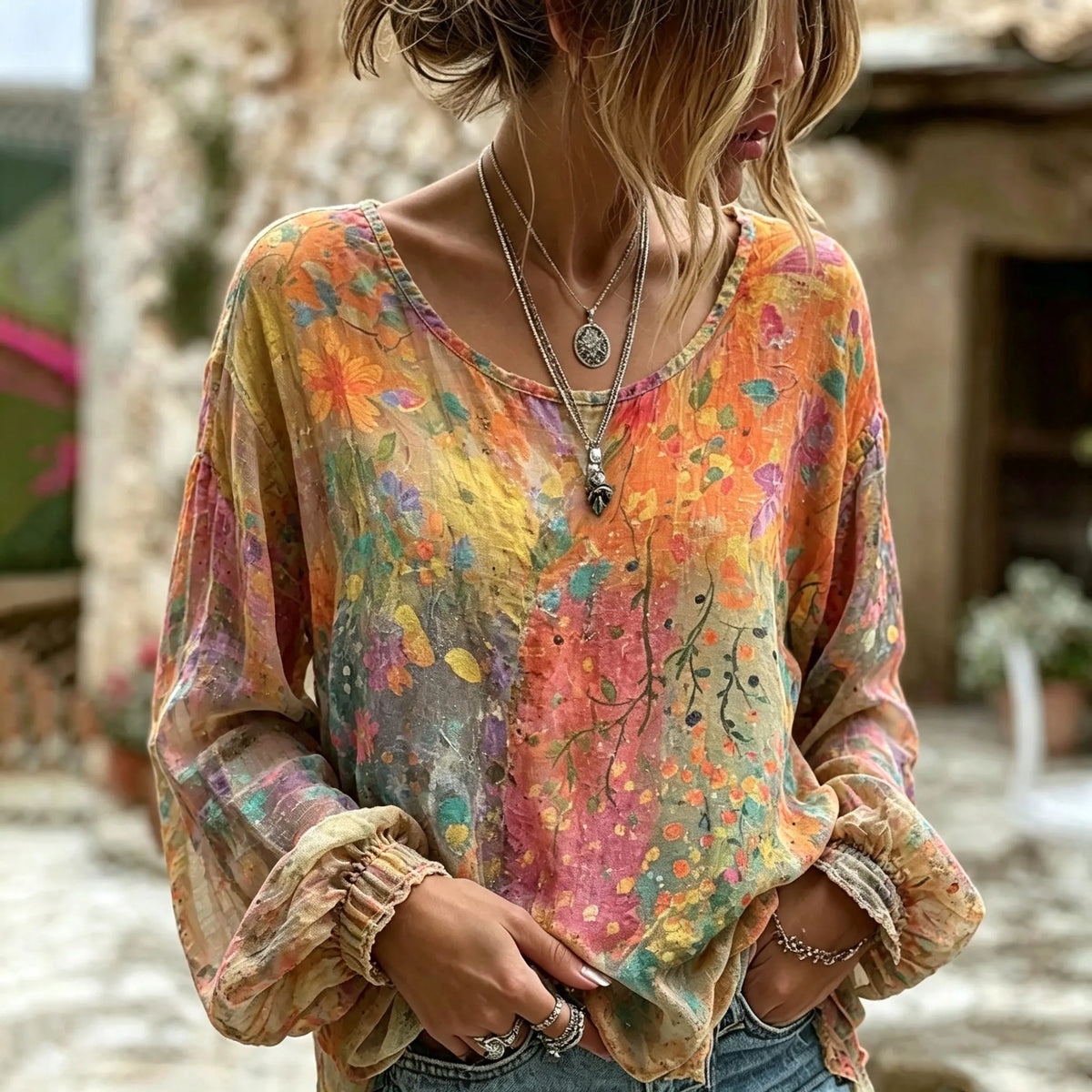 Women's Retro Bohemian Floral Art Long-sleeved Shirt
